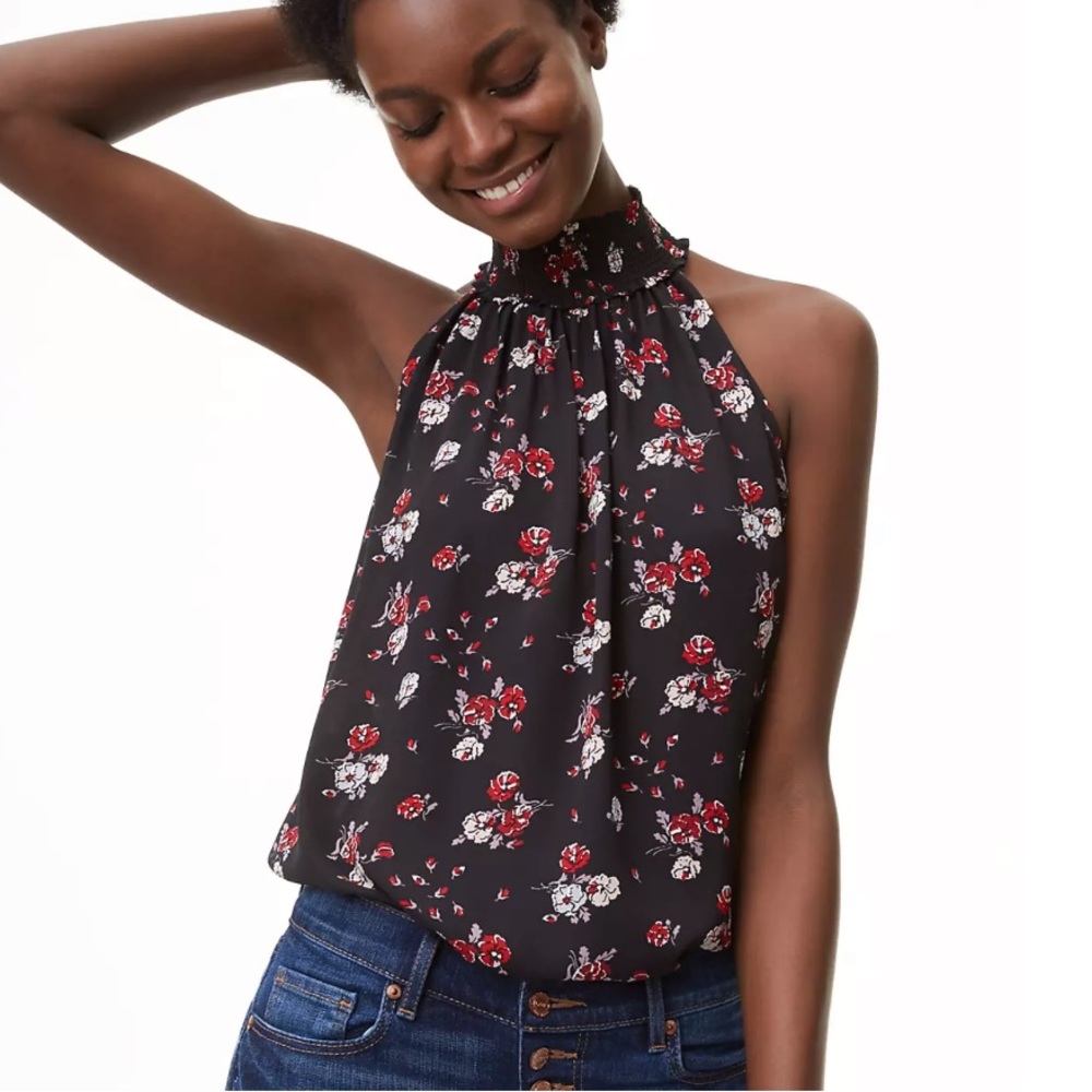 LOFT | Black/Red/White Floral Smocked Halter Neck Sleeveless Blouse
